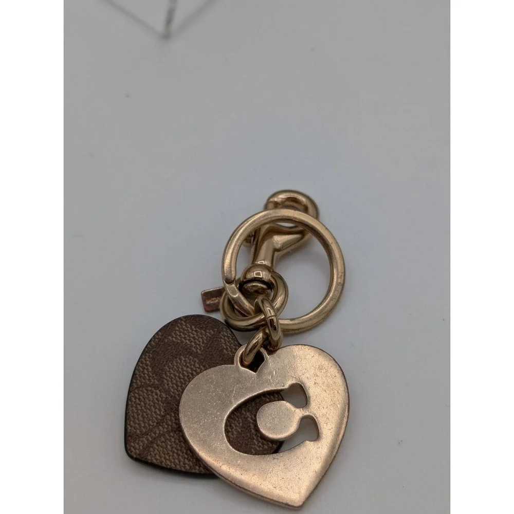 Coach Heart Logo Keychain Gold Tone & Signature Brown Leather Charm Key Ring